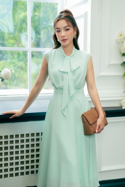 Sixdo Turquoise Bow-tie Chiffon Flared Dress